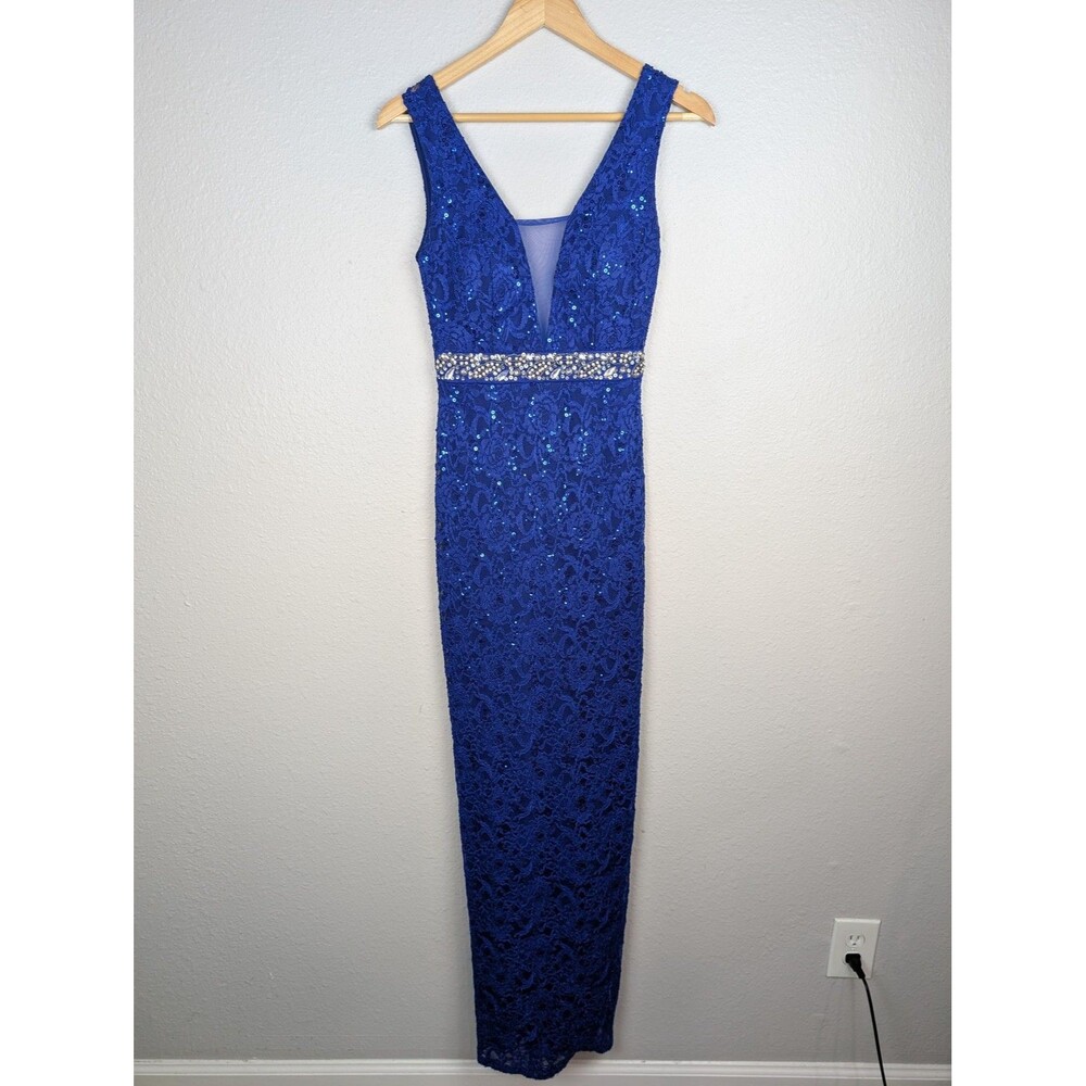 La Scala‎ Dress Womens Small Blue Sequin Lace Gown Sleeveless V Neck Maxi Formal